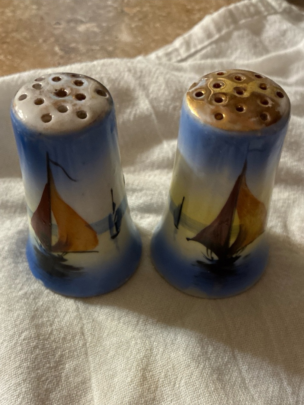 Hand-Painted Porcelain Sailboat Salt & Pepper Shakers Japan